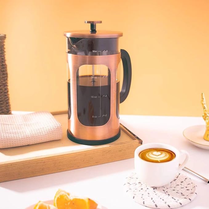 French Press Coffee Maker 8 cups 34 oz 304 Stainless Steel Coffee Press with 4 Filter Screens Easy Clean Heat Resistant Borosilicate Glass - Free 100% BPA… (Copper-NRA1-S 34oz)