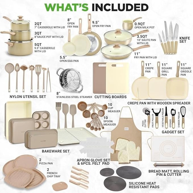 75-Piece Non-Stick Ceramic Cookware Set - Complete Pots and Pans with Bakeware Utensils Knife Set &amp Accessories - Stain-Resistant Food-Grade Safe Elegant Cream/Brown Design