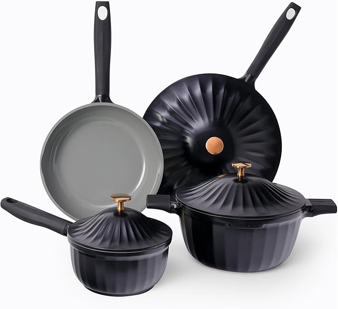 Nonstick Ceramic Cookware Set (7 Piece)–Titanium Cast Aluminum Pots and Pans Set with Lids Non Toxic PFAS-Free Compatible with All Stovetops–Jet Black