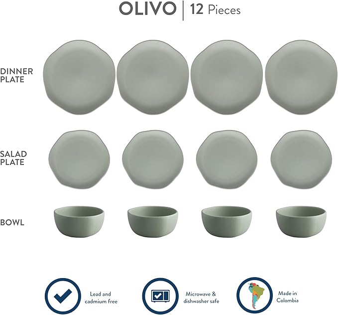 Corona Olivo ceramic dinnerware Set 12–piece Plates and Bowls Sets for 4 organic shape light green.