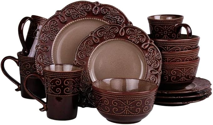 16 Piece Round Bold Textured Stoneware Dinnerware Sets Casual Cohesive Design Dishwasher Safe Brown Dish Set Break/Chip Resistant Durable Service for 4 Dinner/Salad Plates Bowls and Mugs