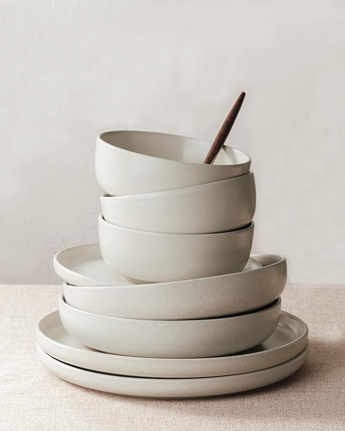 Famiware Milkyway Stoneware Dinnerware Sets with Pasta Bowls Service for 6 (24 Pieces) Reactive Glaze Plates and Bowls Sets Microwave and Dishwasher Safe Dishes Set Matte Beige White