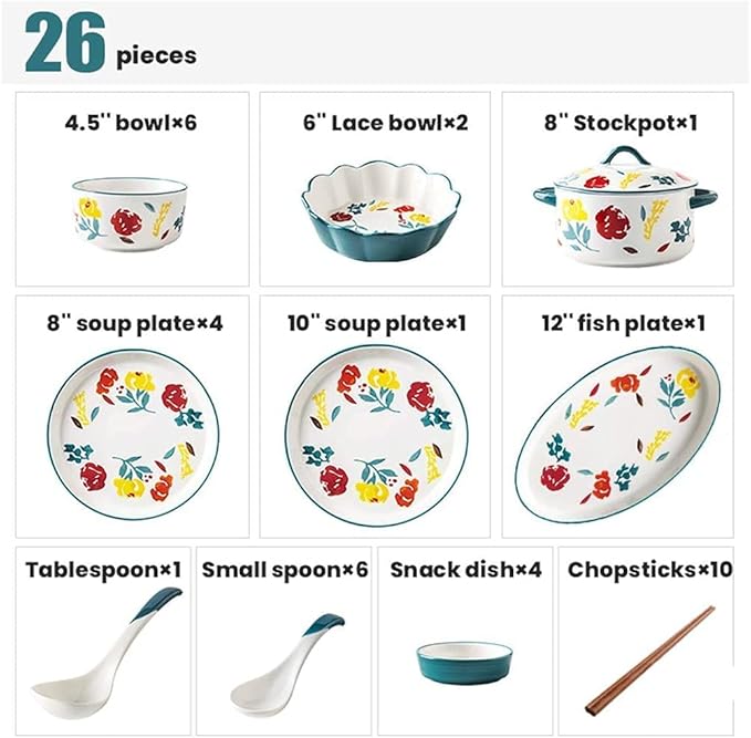 Dinner Set for Luxury Restaurant and Home Ceramics Dinner Sets Bowl &amp Soup Pot &amp Plate | 26 Pieces French Retro Style Porcelain Dinnerware Set