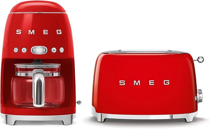 Smeg Retro Drip Coffee Machine and 2-Slice Toaster Bundle… (Red)