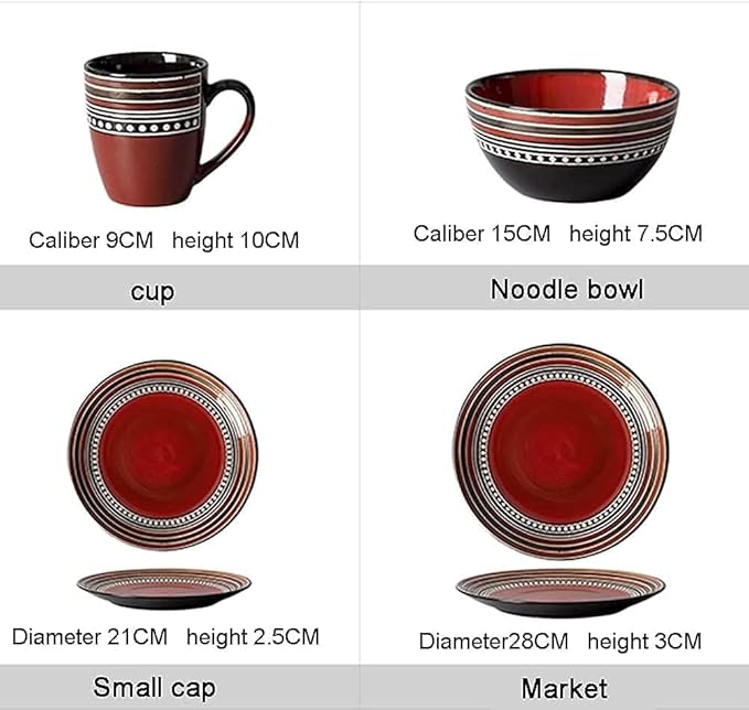Elegant Dinnerware Set Dinner Plates Bowls Set 4-Piece Dinnerware Sets Retro Porcelain Tableware Set with Plates Bowls and Mugs Red Ceramic Dinner Set for Home Kitchen &amp Dining