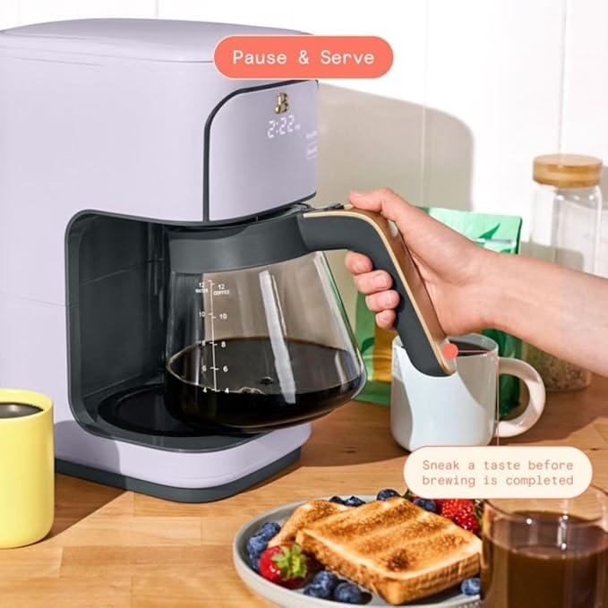 B - 12-Cup Programmable Coffee Maker with Touch Controls Auto Brew Timer Reusable Filter Large Glass Carafe Countertop Coffee Machine (Lavender)
