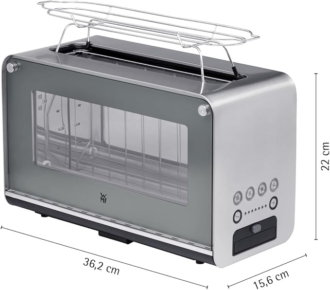 WMF Lono Toaster Glas mit Brötchenaufsatz 2 Scheiben XXL motorisierte Toastaufnahme Aufwärm-Funktion 7 Bräunungsstufen Toaster edelstahl matt