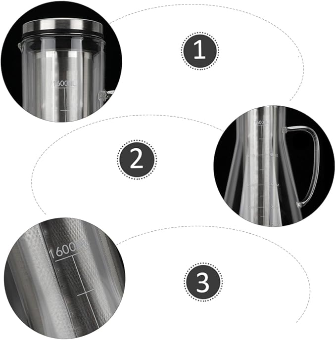 Large Capacity 1600ml Cold Brew Coffee Maker with Borosilicate Glass and Stainless Steel Filter Iced Coffee Pot for Home Brewing Sturdy with Measurement Scale