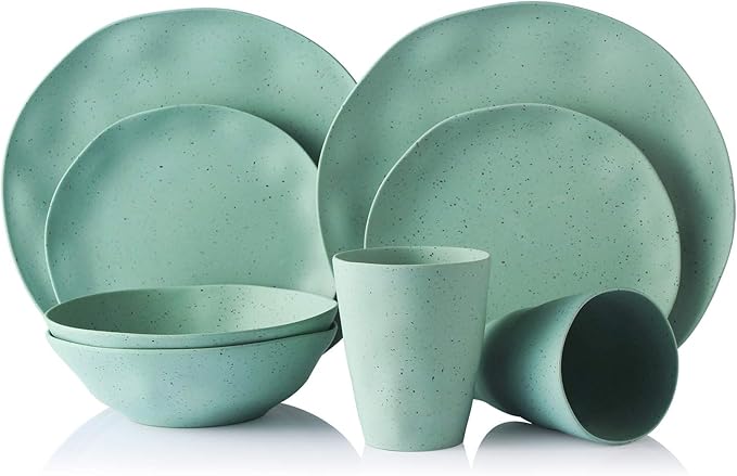 Morgiana 8 pcs Bamboo Sage Green Dinnerware Plates Set Reusable Camping Dish Set Eco-Friendly Bamboo Plates Cups Bowls for 2 Person