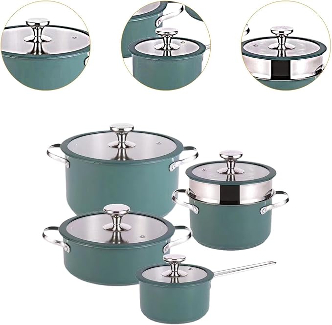 4Pcs Household Cookware Set Cooking Set Seafood Troop Pot Steamer Nonstick Cookware Set Pots and Pans Set for RV Travel Gas dark green
