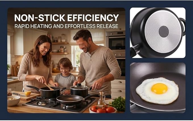 7-piece Non-stick Cooking Set with Covered Aluminum Cookware Complete Set of Pots Pans and Bowls Non-toxic and Healthy Safe for The Oven Heated By Induction Stove Black Set