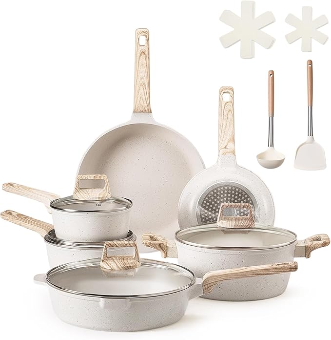 VEVOR 17 Piece Pots and Pans Set Granite Nonstick Cookware Set Induction Cookwares Kitchen RV Cooking Sets with Frying Sauce Saute Tempered Glass Lids and Pan Protectors White