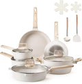 VEVOR 17 Piece Pots and Pans Set Granite Nonstick Cookware Set Induction Cookwares Kitchen RV Cooking Sets with Frying Sauce Saute Tempered Glass Lids and Pan Protectors White