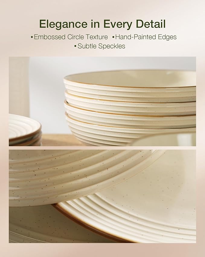 Famiware Jupiter Stoneware Dinnerware Sets Handcrafted Plates and Bowls with Embossed Swirl &amp Speckles Vanilla White - Chip &amp Scratch Resistant Dishwasher &amp Microwave Safe Dishes for 4