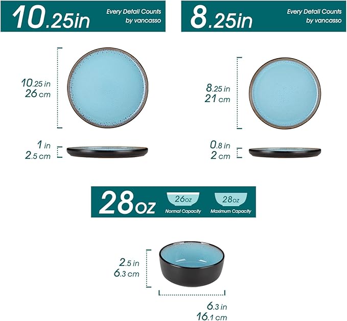 vancasso Plates and Bowls Sets 24 Pieces Stoneware Dinnerware Sets for 8 Kitchen Dish Set Mircowave and Dishwasher Safe Dinner Set Ceramic Dishware Sky Blue Series AMBER
