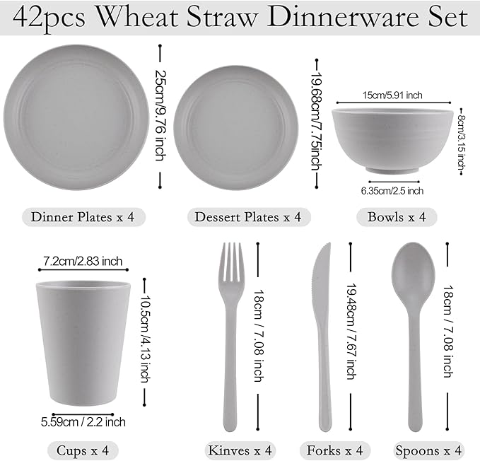 EI 42pcs Wheat Straw Dinnerware SetUnbreakable Reusable Plastic PlatesBig Bowls and Pltes for KitchenGrey Plates and Bowls Setsfor Family DinnerCampingPicninc