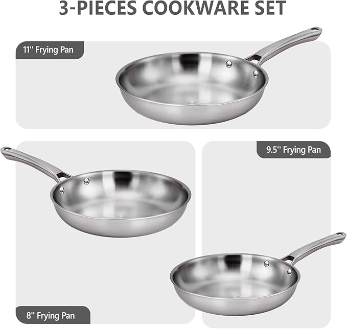 Bonnlo 3 Pieces Cookware Set 3-Ply Stainless Steel Skillets Set Non-Toxic Kitchen Set Oven &amp Dishwasher Safe Induction Cooking Set PFOA &amp PTFE Free Compatible for All Cooktops