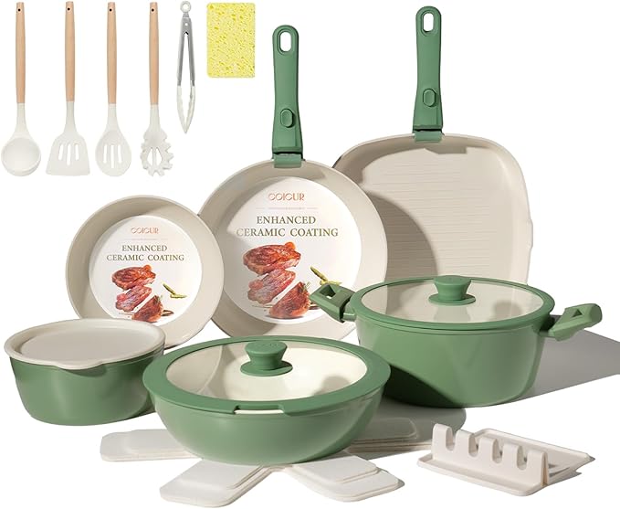 Ceramic Cookware Set 23Pcs Non Stick Pots and Pans Non Toxic with Detachable Handle Induction Kitchen Cookware Set Space Saving Oven &amp Dishwasher Safe Forest Green