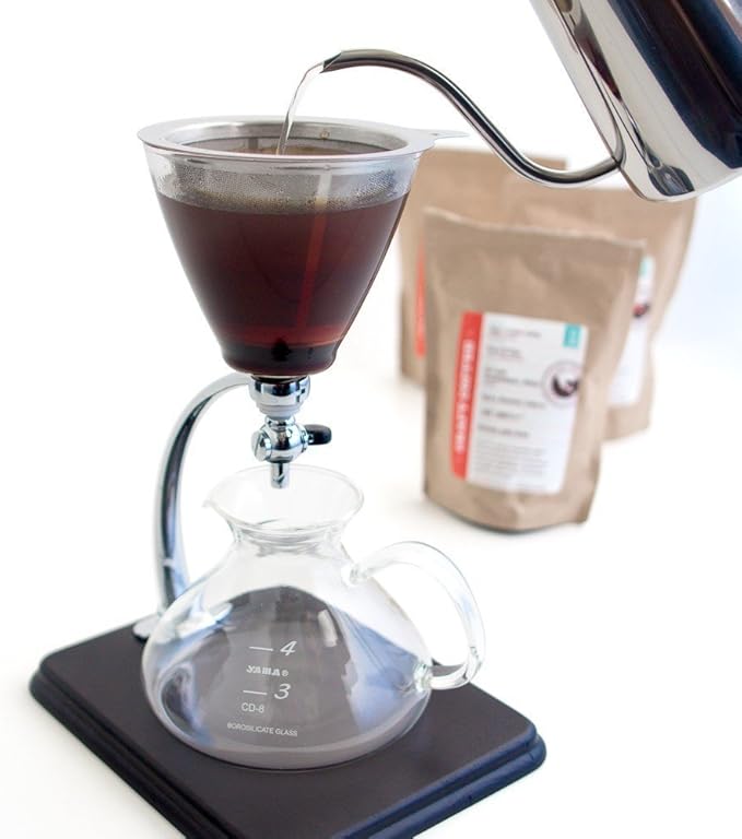 Yama Glass Silverton 16oz Coffee &amp Tea Brewer - Heat-Resistant Borosilicate Glass with Black Wood Base and Stainless Steel Filter
