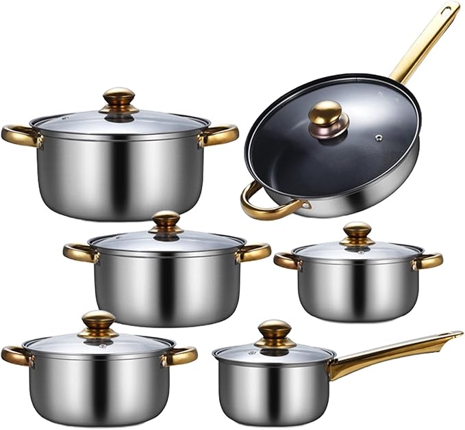 6Pcs Pots and Pans Set Stainless Steel Portable Soup Pot Saucepan Ergonomic Handle Kitchen Cooking Set Cookware Set for Home Pans with soup pot