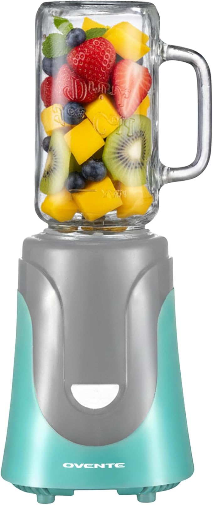 OVENTE Retro Personal Blender and Smoothie Maker with 18 Oz Mason Jar 300W Base Stainless Steel Blades BPA-Free and Dishwasher Safe Container Includes Reusable Straw and Lid Turquoise BLH1002T
