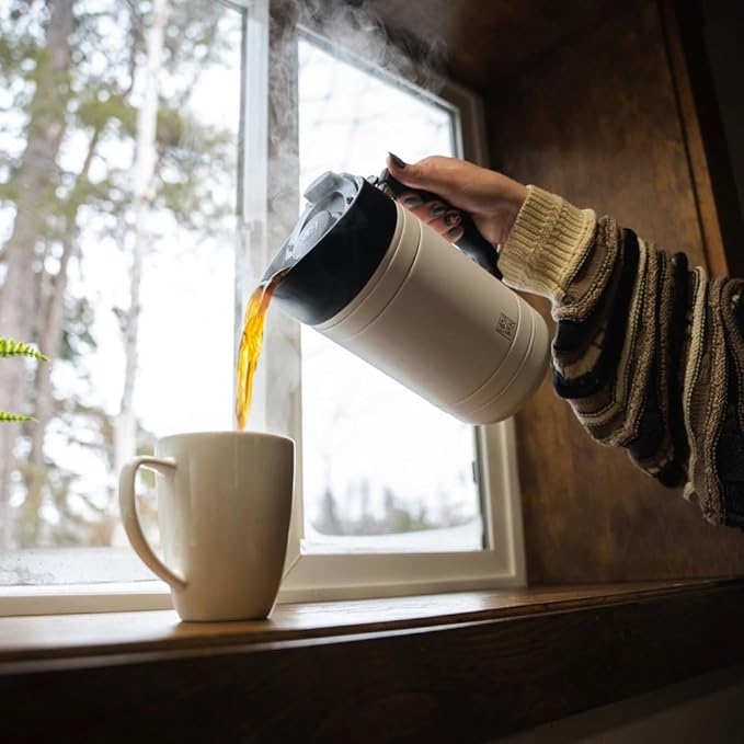 BruTrek® by Planetary Design Basecamp Coffee Press - Double Wall Vacuum Insulated Stainless Steel - Bru-Stop Technology No Grounds in Coffee No Spill Lid (Snowflake White 32 fl.oz)