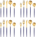 Matte Gold Silverware Set with blue handle Bysta 20-Piece Stainless Steel Flatware Set Kitchen Utensil Set Service for 4 Tableware Cutlery Set for Home and Restaurant Satin Finish Dishwasher Safe