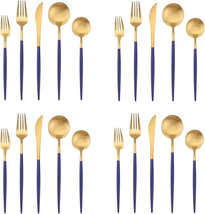 Matte Gold Silverware Set with blue handle Bysta 20-Piece Stainless Steel Flatware Set Kitchen Utensil Set Service for 4 Tableware Cutlery Set for Home and Restaurant Satin Finish Dishwasher Safe