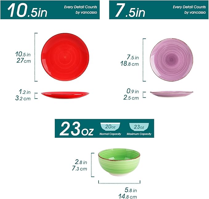 vancasso Bonita Dinnerware Set Muticolor Stoneware 12 Pieces Service for 4 Handpainted Spirals Pattern Stoneware Plates and Bowls Set