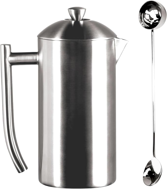 Frieling Double-Walled Stainless-Steel French Press Coffee Maker Brushed 36 Ounces Plus 18/10 Stainless Steel Coffee Scoop/Stirrer 2 TBLS