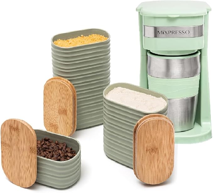 Mixpresso Single Cup Coffee Maker &amp 14oz Travel Mug Lightweight Personal Drip Coffee Brewer &amp Tumbler Compatible with Coffee Grounds Bubdle With 3 Piece Set Of Airtight Coffee And Sugar Plas
