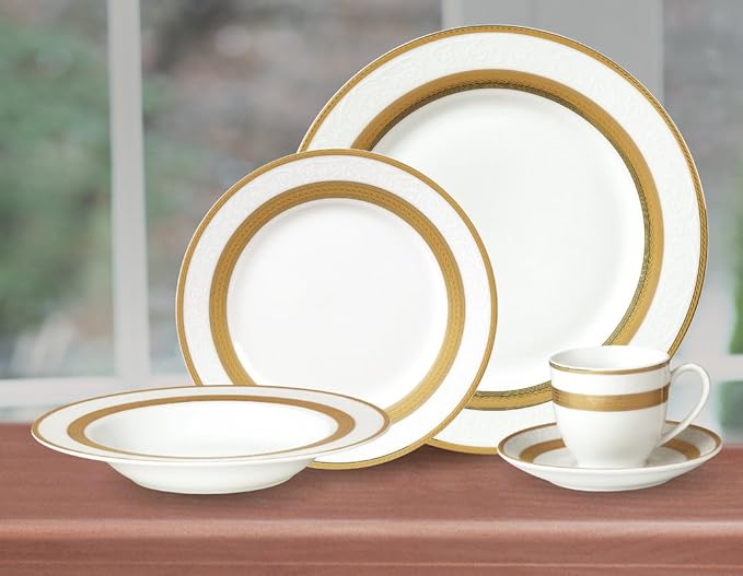 Royalty Porcelain Queen 5-Piece White and Gold Dinnerware Set 24K Gold-Plated Fine Porcelain Service for 1