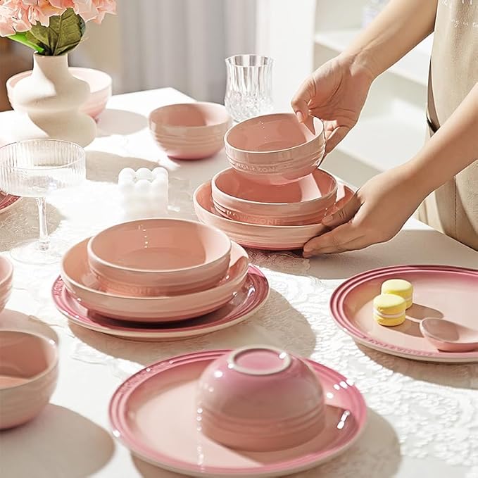 12-Piece Pink Ceramic Dinnerware Set - Monazone Series Service for 4 Includes Bowls &amp 8''/9'' Plates Glossy Finish