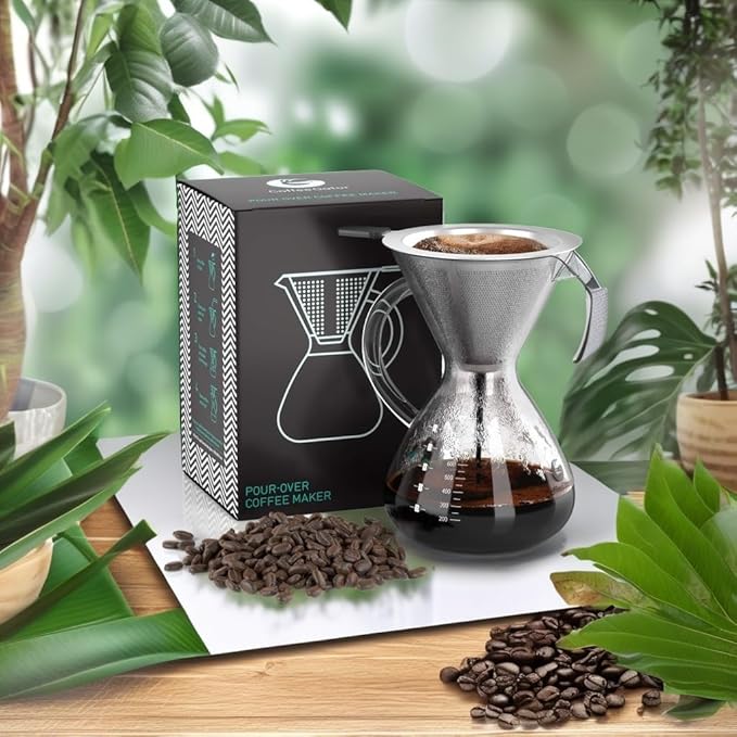 Coffee Gator Pour Over Coffee Maker - 27oz High Heat Borosilicate Glass with Reusable Stainless Steel Filter Drip Coffee Brewer Dripper Set Carafe 800ml Clear