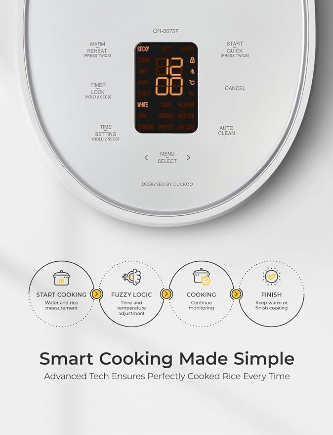 Rice Cooker 6-Cup Uncooked / 12-Cup Cooked with Nonstick Inner Pot Versatile Rice Maker with 9 Menu Options Fuzzy Logic Technology Auto Clean Quick Rice Mode White (CR-0675FW)