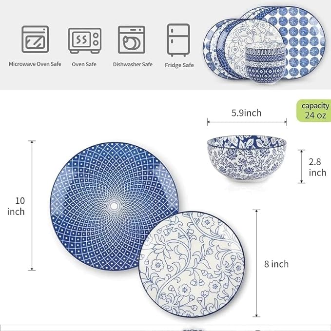 Ceramic 12-Pieces Dinnerware Sets Dish Plates and Bowls Service for 4 Dinner Salad Dessert