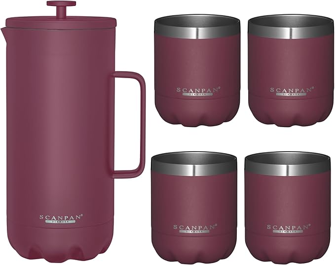 Scanpan TO GO French Press Coffee Maker 1.0L (Persian Red) + 4 Vacuum Cups 250 mL (Persian Red) - 18/8 Food Grade Stainless Steel - Scratch-Free Coating - Dishwasher Safe