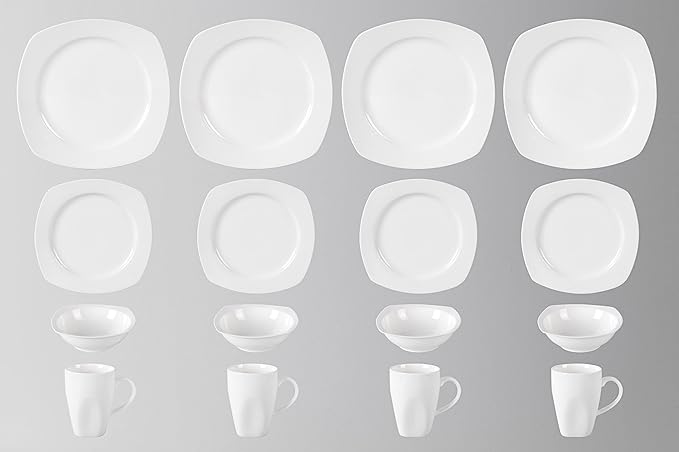 HomeVss New Bone China Embossed Dinnerware Set Coupe Square Shape 16pc Set