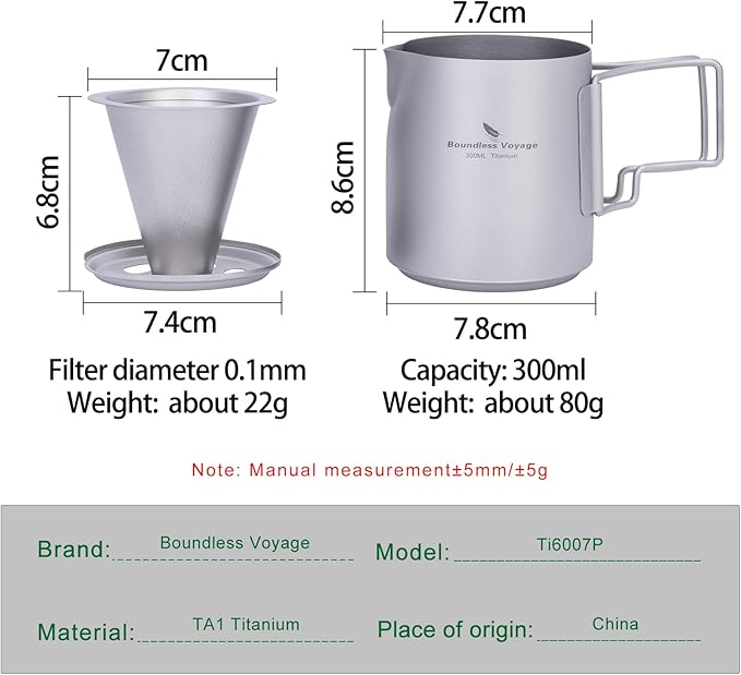 Boundless Voyage Titanium Pour-over Coffee Maker Set Coffee Mug with Reusable Detachable Dripper Manual Reusable Cone Filter for 1-2 Cups 6007P