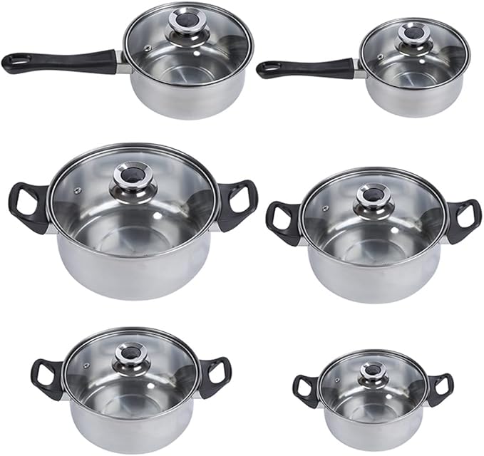 Cooking Pot Frying Pan6 Pots 12 Piece Stainless Steel Pots and Pans Casserole Pot Cookware Set with Glass Lid (A