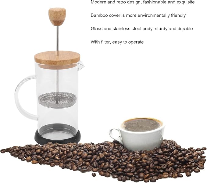 flexman French Press Coffee Maker High Heat Borosilicate Glass Stainless Steel French Press Coffee for Home Office Outdoor Camping Family Gatherings (350ml Bamboo Cover)