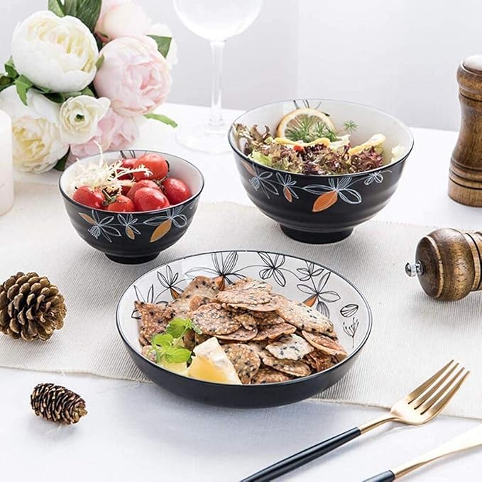 Dinner Plates Pottery Tableware 20 Pieces Black Porcelain Dinner Set with Flower Pattern Ceramic Dinnerware Service for 6 People