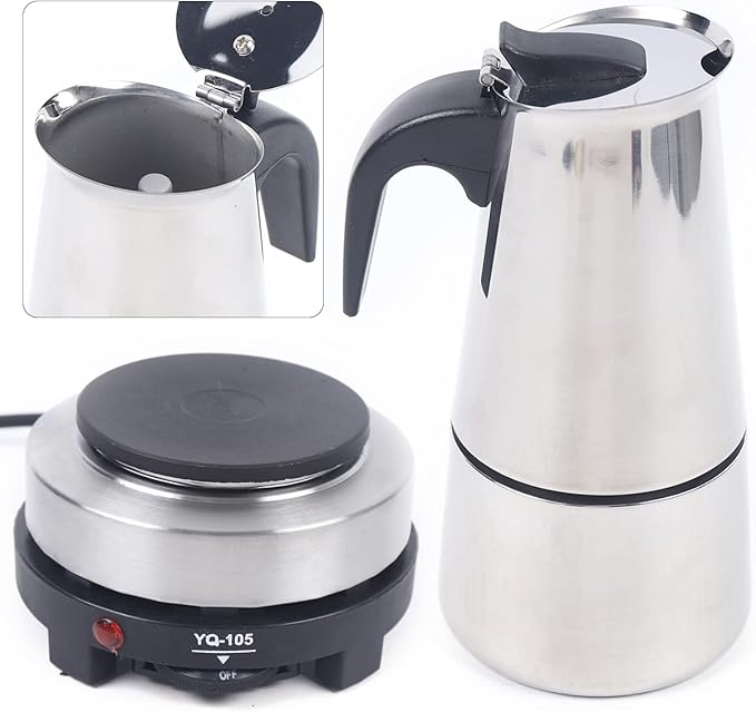 Commercial Stainless Steel Espresso Maker Coffee Urn with Electric Stove 6 Cups Stainless Steel Mocha Coffee Maker Pot Percolator Hot Beverage Dispenser for Party Home Wedding Cafe (6Cups 300ml)
