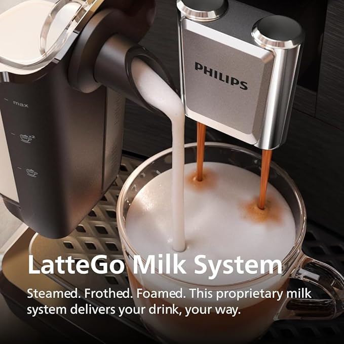 Philips 3300 Series Fully Automatic Espresso Machine with LatteGo Milk System and integrated grinder 6 Hot &amp Iced Coffee Pre-Sets 40% Quieter SilentBrew 15-Bar Pressure Glossy Black (EP3341/50