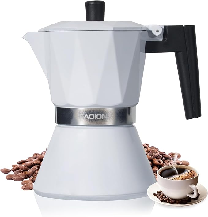 Moka Pot 6-Cup Espresso Maker 300ml Portable Stovetop Espresso Maker Percolator Coffee Pot Compatible with Induction Cooktops Suitable for Home and Camping (White)