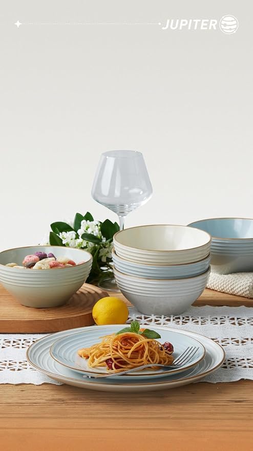 Famiware Jupiter 12-Piece Dinnerware Sets 4-Piece Pasta Bowls 4-Piece 14 oz Mug Set 20-Piece Stoneware Dinnerware Sets Multi-color