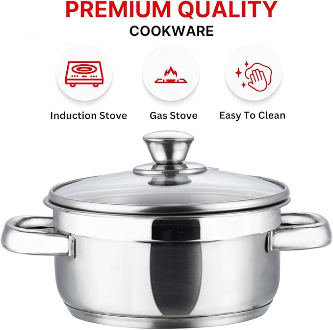 Vinod Bremen Stainless Steel Saucepot Set of 3 with Glass Lid | 2.5mm Thick Base | Riveted Sturdy Handle | | Induction and Gas Base - Silver