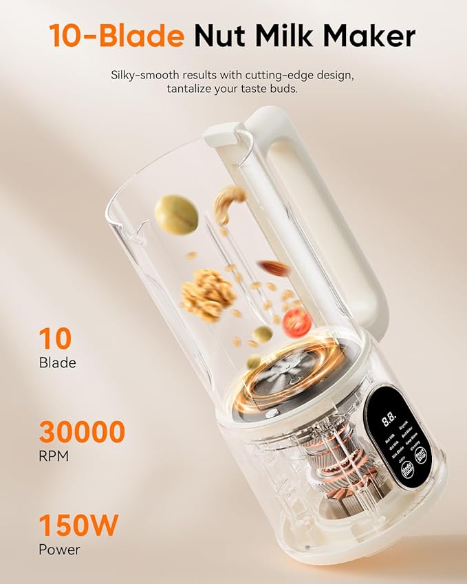 8-in-1 Automatic Nut Milk Maker Machine 34oz Heated Plant-Based Milk Machine with Auto-Clean 10-Blade System for Creamy Almond Oat Soy &amp Dairy-Free Milk 12H Timer