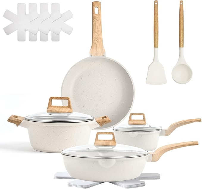 13 pcs Pots and Pans Set Nonstick Cookware Sets White granite Induction Cookware Non Stick Cooking Set Frying Pans &amp Saucepans PFOS PFOA Free (13 PCS)