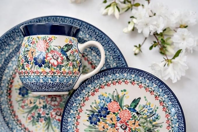 Blue Rose Polish Pottery - Red Hummingbird 4 PC Place Setting - Service for 1-1 Place Setting - Great for Everyday Dining Casual Dining or as Formal Dinnerware